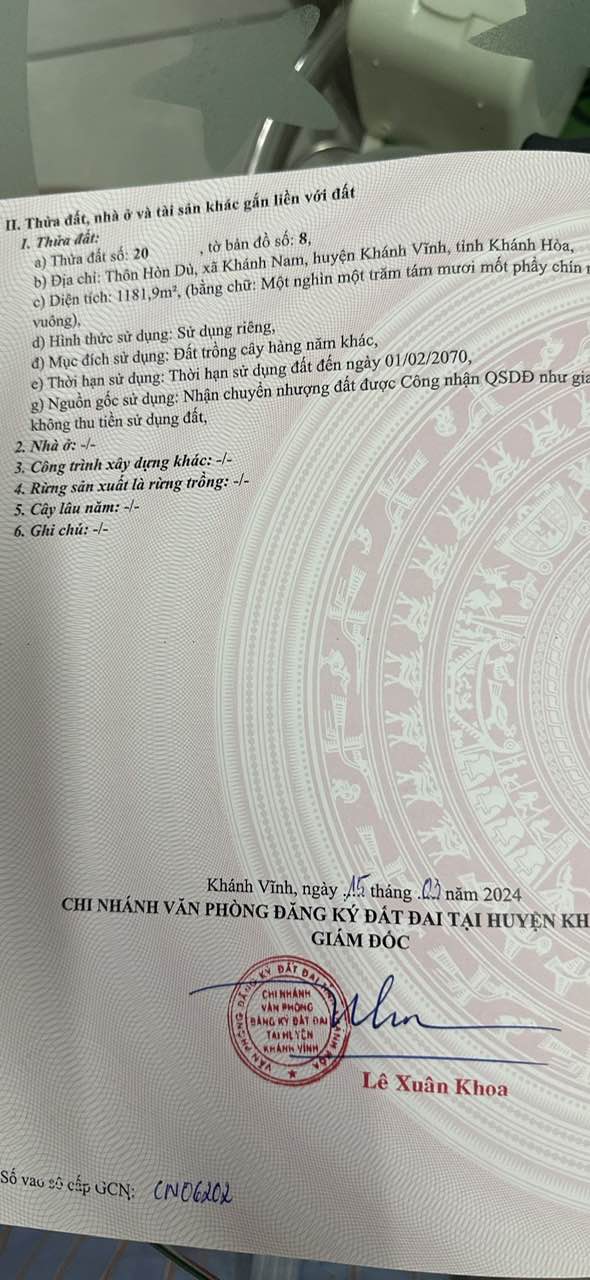 Đất nền 1181m² tại Thôn Hòn Dù, Khánh Nam - Sổ đỏ chính chủ, giá chỉ 250 triệu!