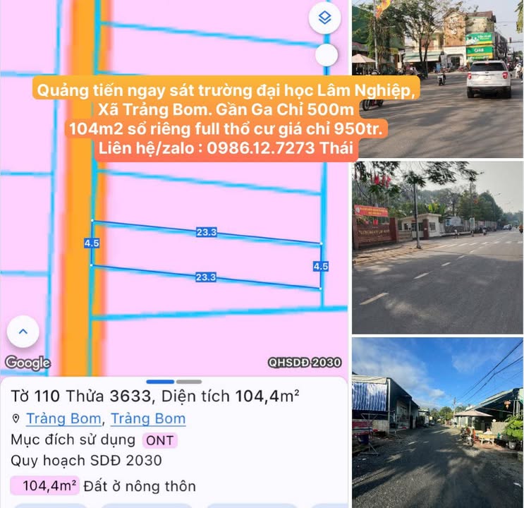 Đất nền Trảng Bom 104m² giá 950 triệu - Sổ đỏ chính chủ, gần Đại học Lâm Nghiệp!