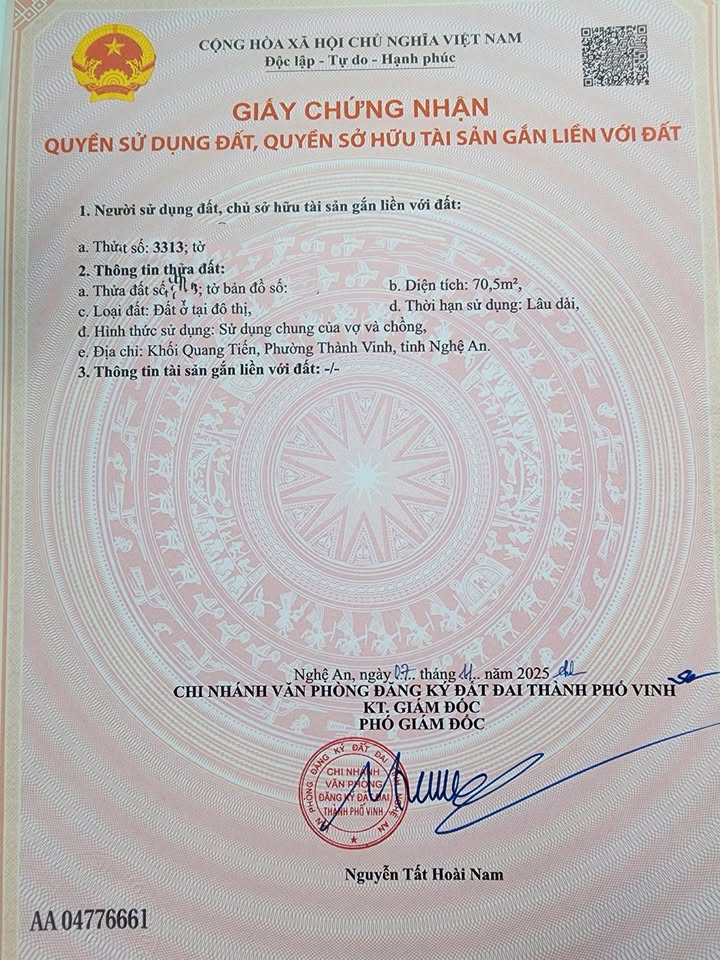 Đất nền tại Khối Quang Tiến, Thành phố Vinh 70.5m² giá 3.42 tỷ - Mặt tiền rộng, giao thông thuận tiện!