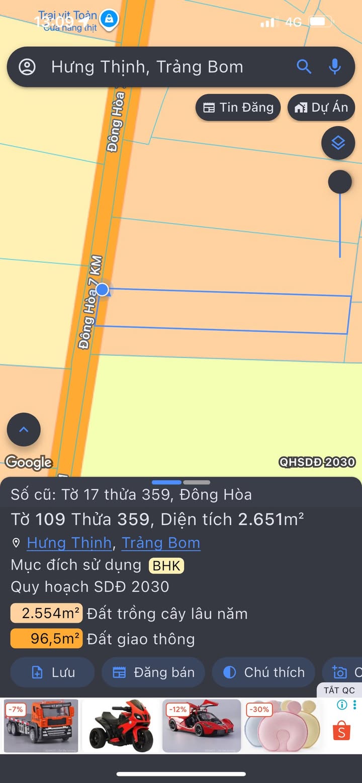 Đất nền 2651m² tại Hưng Thịnh, Trảng Bom giá 2.85 tỷ - Đường nhựa chính, điện sẵn!