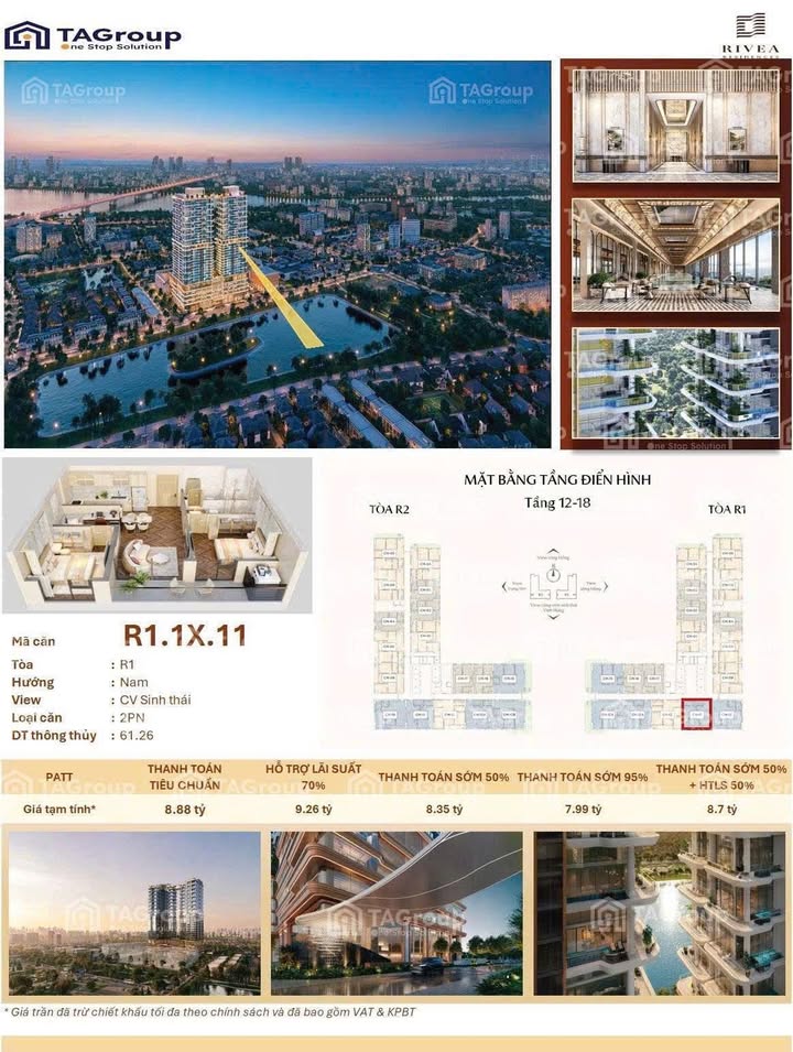 Căn hộ R1.1X.11 Phường Xuân Tảo 61m² giá 7,99 tỷ - View công viên xanh mát