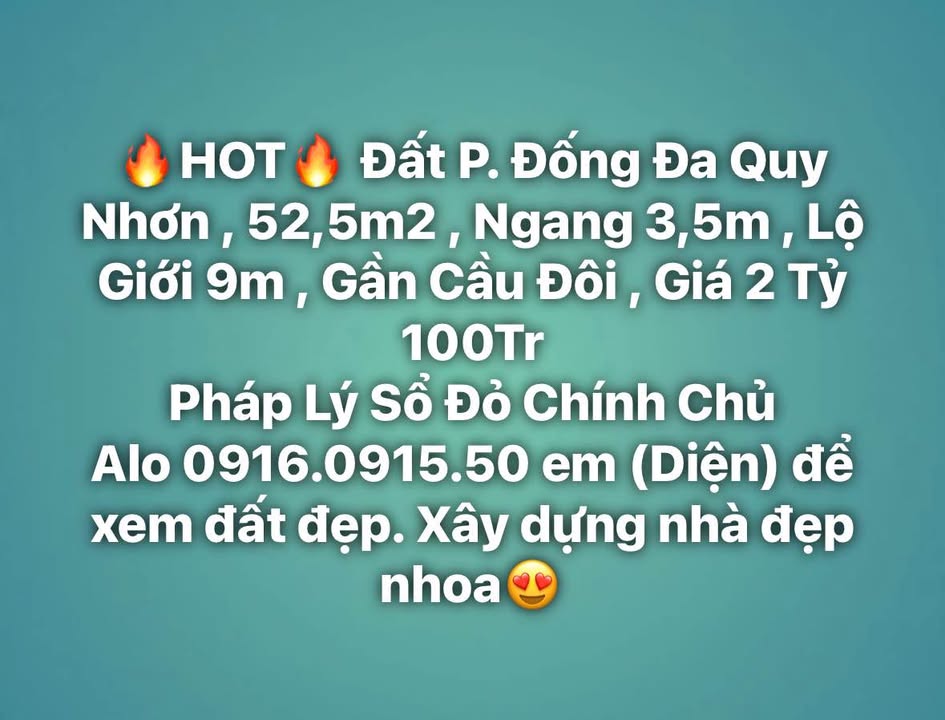 Đất nền phường Đống Đa, Quy Nhơn 52,5m² giá chỉ 2 tỷ - Đầu tư sinh lời ngay!