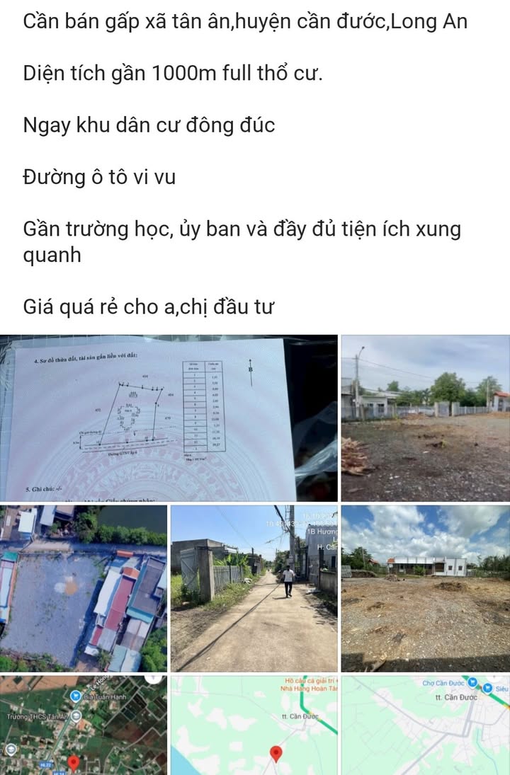 Đất nền xã Tân Ân, huyện Cần Đước, 1000m² giá 5.2 tỷ - Đầu tư sinh lời ngay!