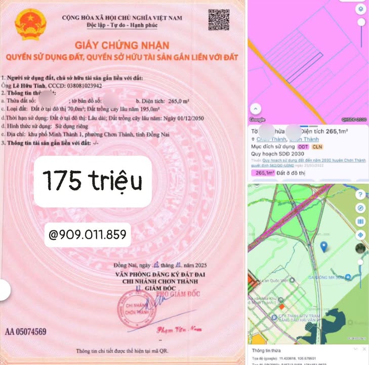 Đất nền 265m² khu phố Minh Thành 1, phường Chơn Thành, giá 175 triệu - Đầu tư sinh lời!