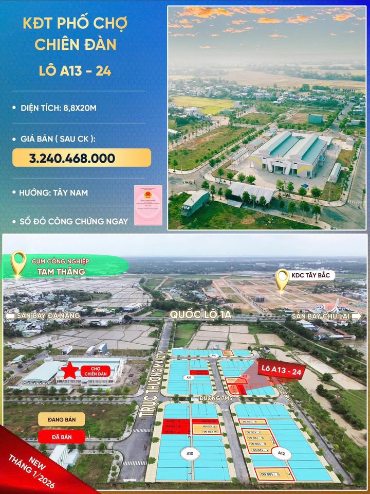 Đất nền KĐT Phố Chợ Chiên Đàn 167m² giá 3.24 tỷ - Lô góc duy nhất, đầu tư sinh lời!