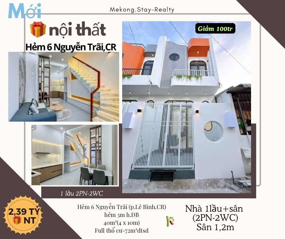 Nhà 1 lầu 40m² hẻm Nguyễn Trãi, Cái Răng - Giá chỉ 2,39 tỷ, tặng nội thất!