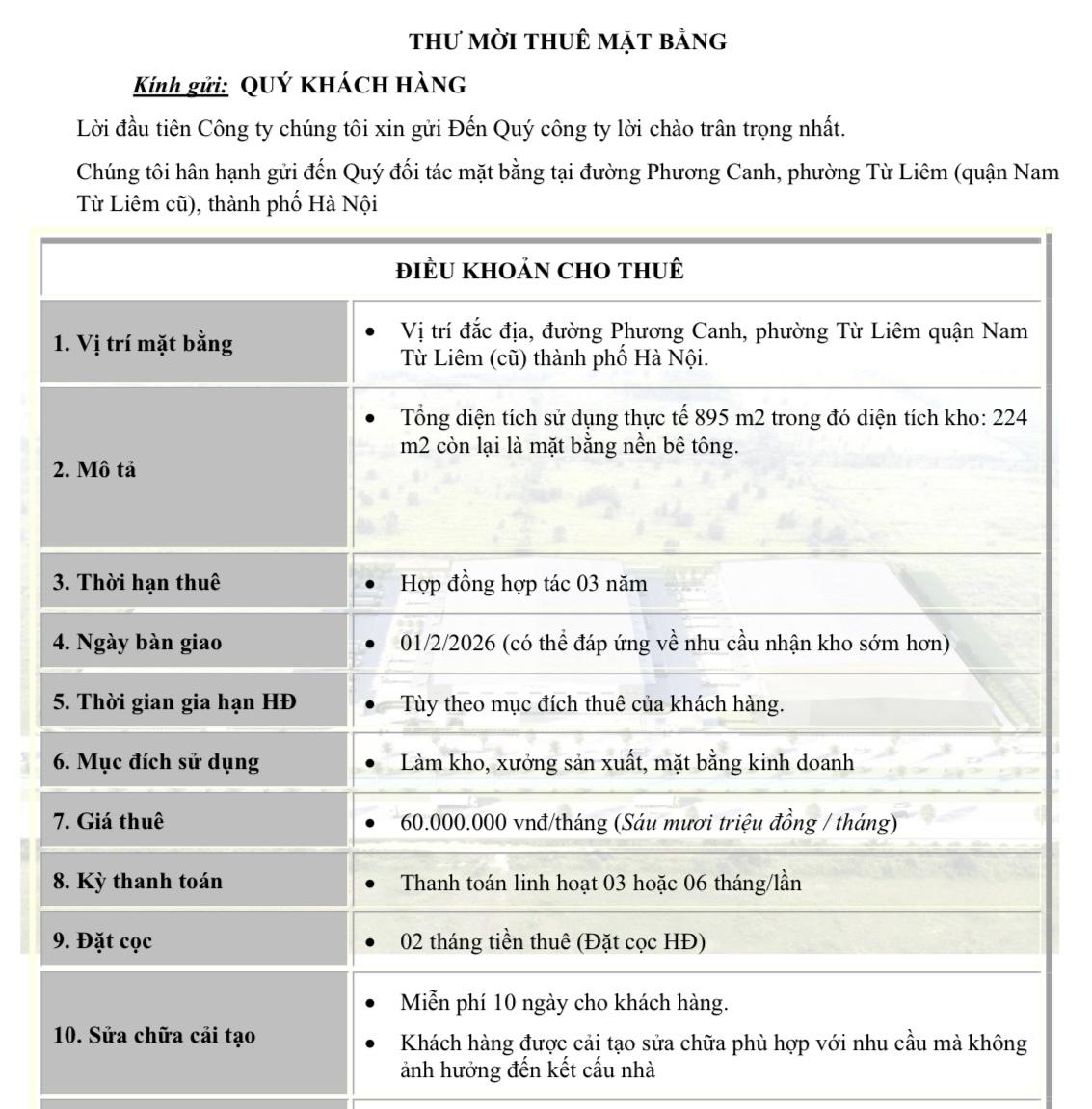 Cho thuê kho/xưởng mặt phố Phương Canh 900m² giá 60 triệu - Phù hợp cho nhiều ngành nghề!