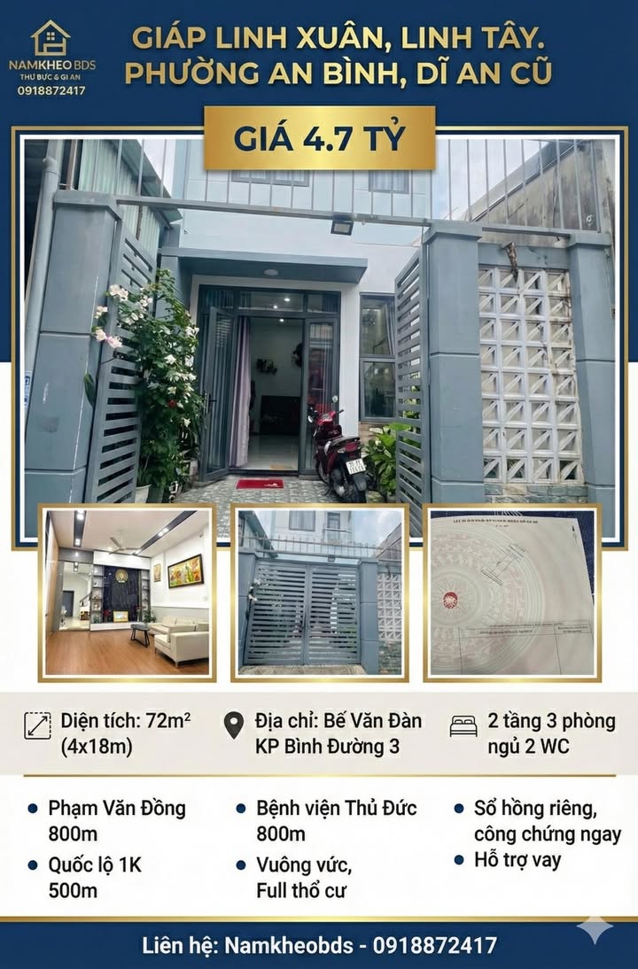 Nhà 2 tầng 3 phòng ngủ tại An Bình, Dĩ An 72m² giá chỉ 4.7 tỷ - An cư đón Tết!