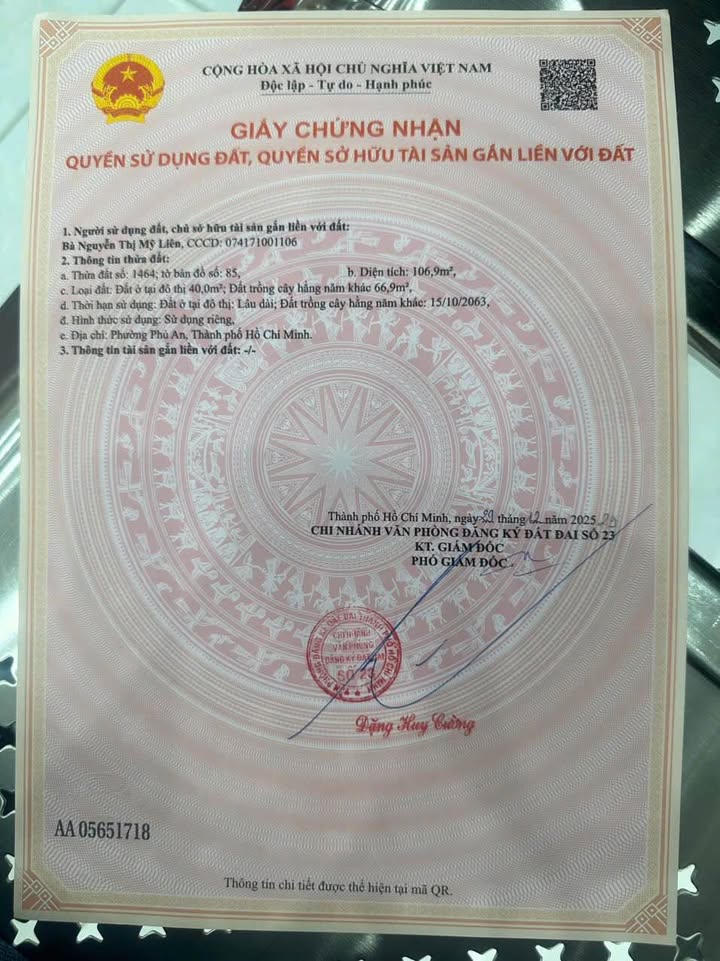 Đất thổ cư tại phường Phú An, TP-HCM 108m² giá 1.6 tỷ - Đầu tư sinh lời!