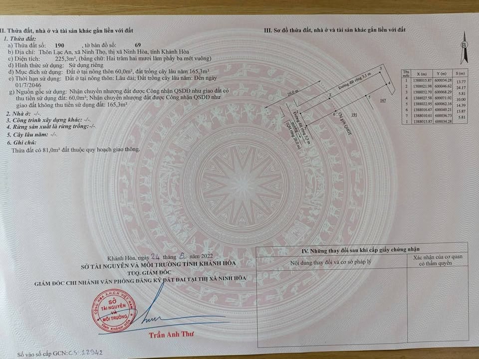 Đất thổ cư 225,3m² Lạc An - Ninh Thọ giá 1,577 tỷ - 2 mặt tiền, thương lượng!