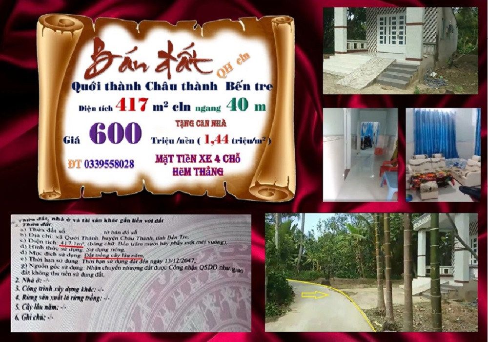 Đất + Nhà Quới Thành, Bến Tre 417m² chỉ 600 triệu - Cơ hội đầu tư hấp dẫn!