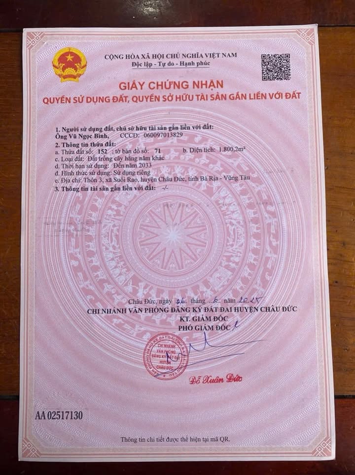 Đất nền Suối Rao 1800m² giá 2.1 tỷ - Pháp lý rõ ràng, sổ hồng chính chủ!