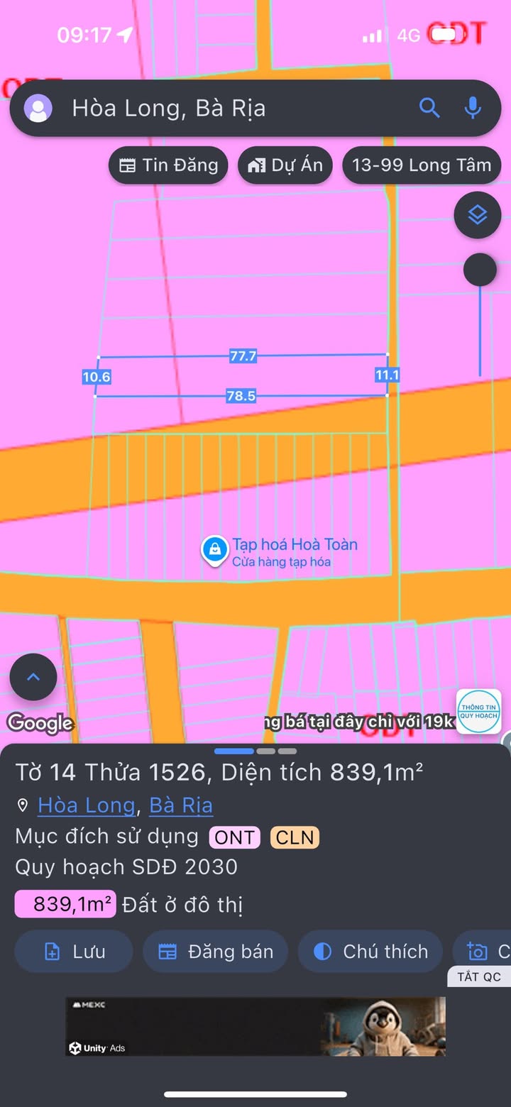 Đất nền 831m² tại đường 46B, xã Hoà Long, giá 4.2 tỷ - Cơ hội đầu tư hấp dẫn!