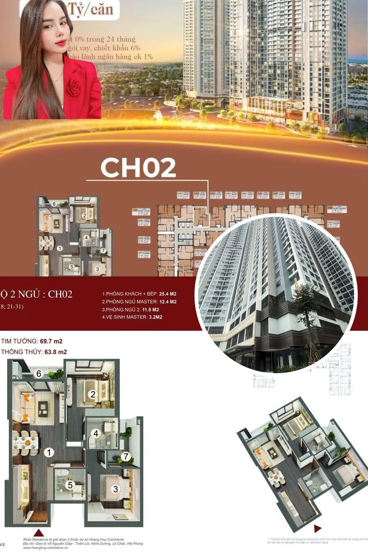 Căn hộ 2 ngủ Rose Residence Hoàng Huy Commerce 63.8m² – Thiết kế thông minh, giá tốt!