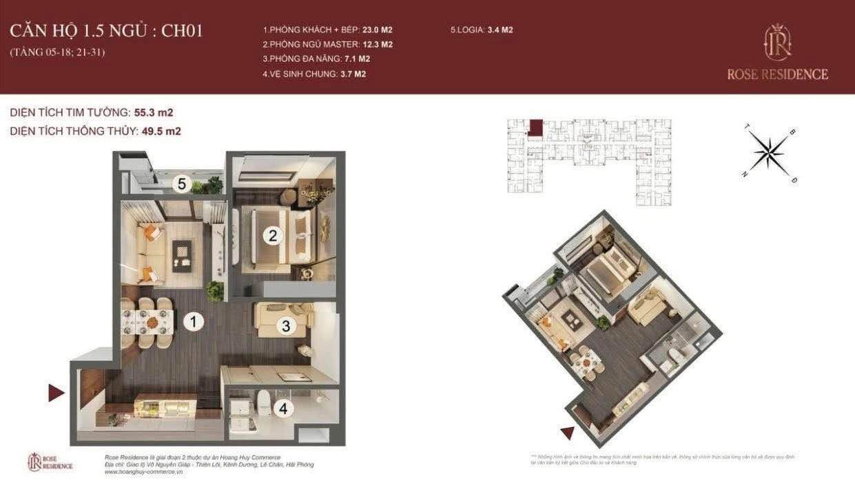 Căn hộ chung cư Tòa Rose Hải Phòng 55.3m² giá 2.15 tỷ - View trung tâm thành phố đẹp tuyệt vời!