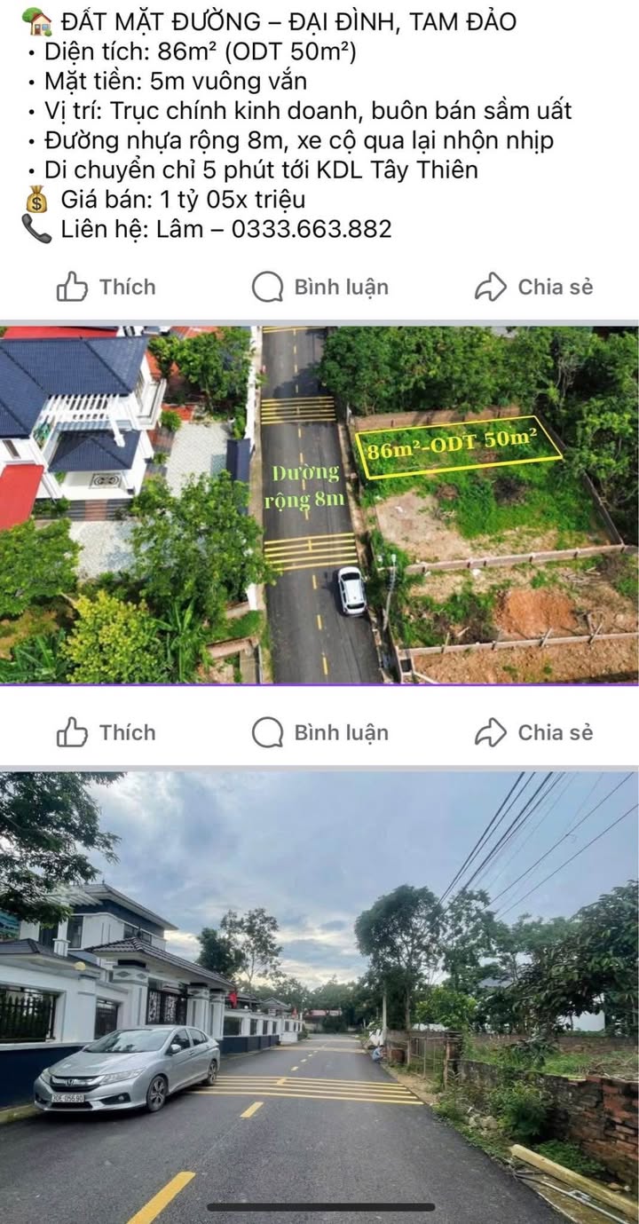 Đất mặt đường Đại Đình, Tam Đảo 86m² giá 1.05 tỷ - Vị trí kinh doanh sầm uất!