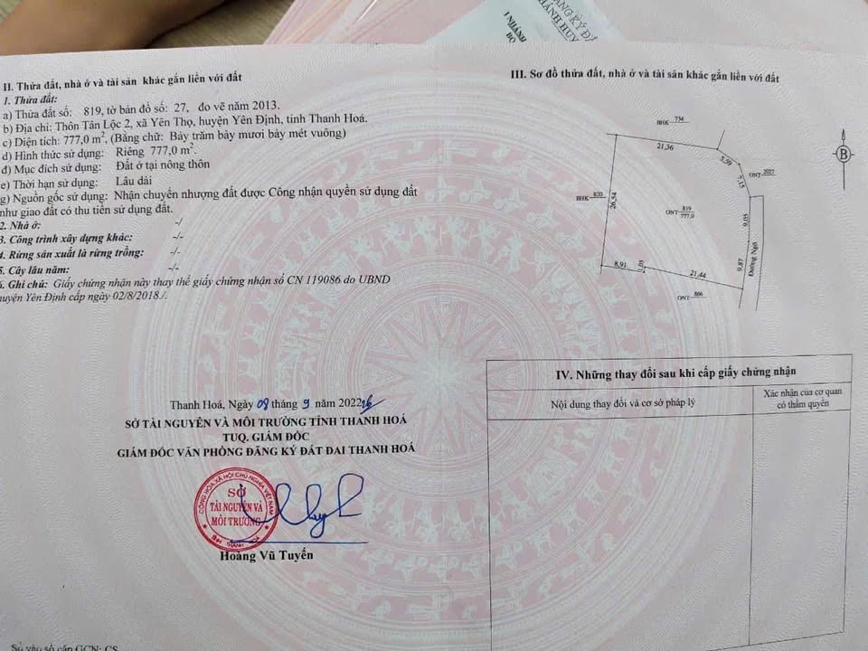 Đất nền thổ cư 777m² xã Quý Lộc, huyện Yên Định - Giá chỉ 5xx triệu!