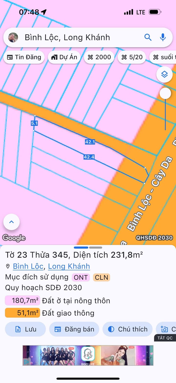 Đất nền Bình Lộc, Long Khánh 210m² giá 1.35 tỷ - Góc 2 mặt tiền kinh doanh