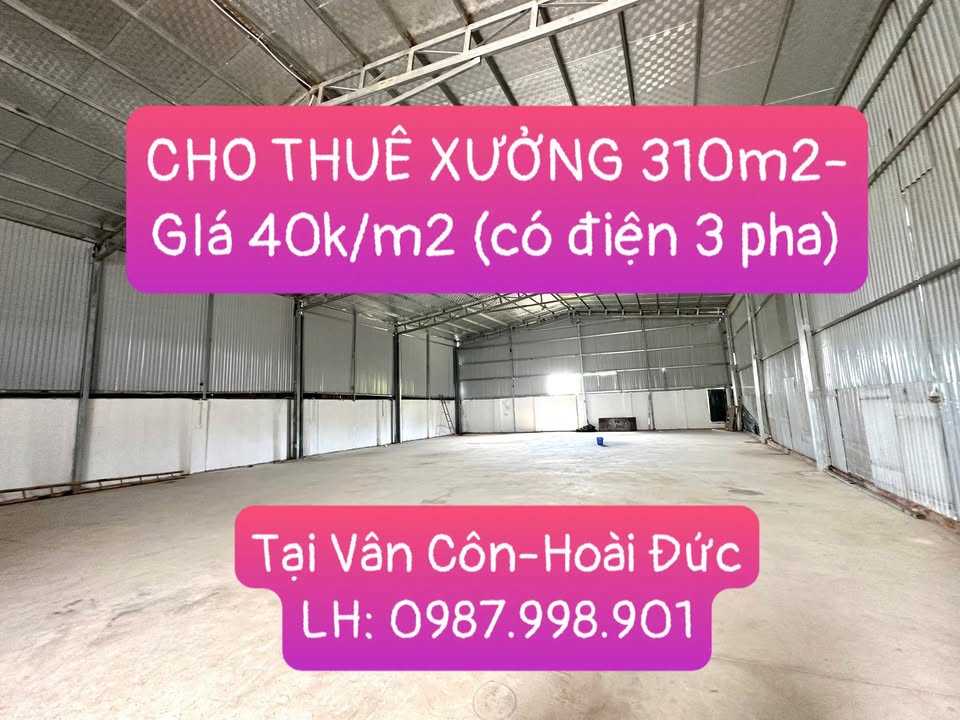 Kho xưởng cho thuê tại Vân Côn, Hoài Đức 310m² giá 12.4 triệu - Đường xe 10 tấn thoáng rộng!