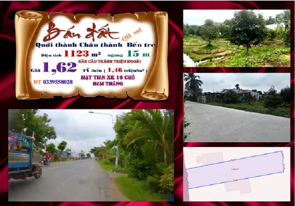 Đất nền hẻm đan xe 16 chỗ tại Quới Thành, Châu Thành, Bến Tre 629m² giá 720 triệu - Cơ hội đầu tư tuyệt vời!