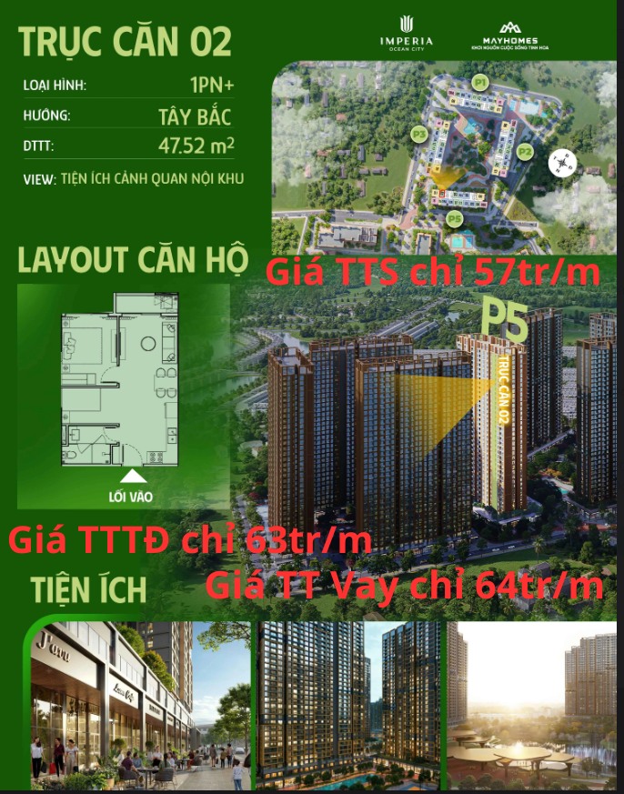 Căn hộ Imperia Ocean City - Hưng Yên 47.52m² giá 2.566 tỷ - View tiện ích nội khu