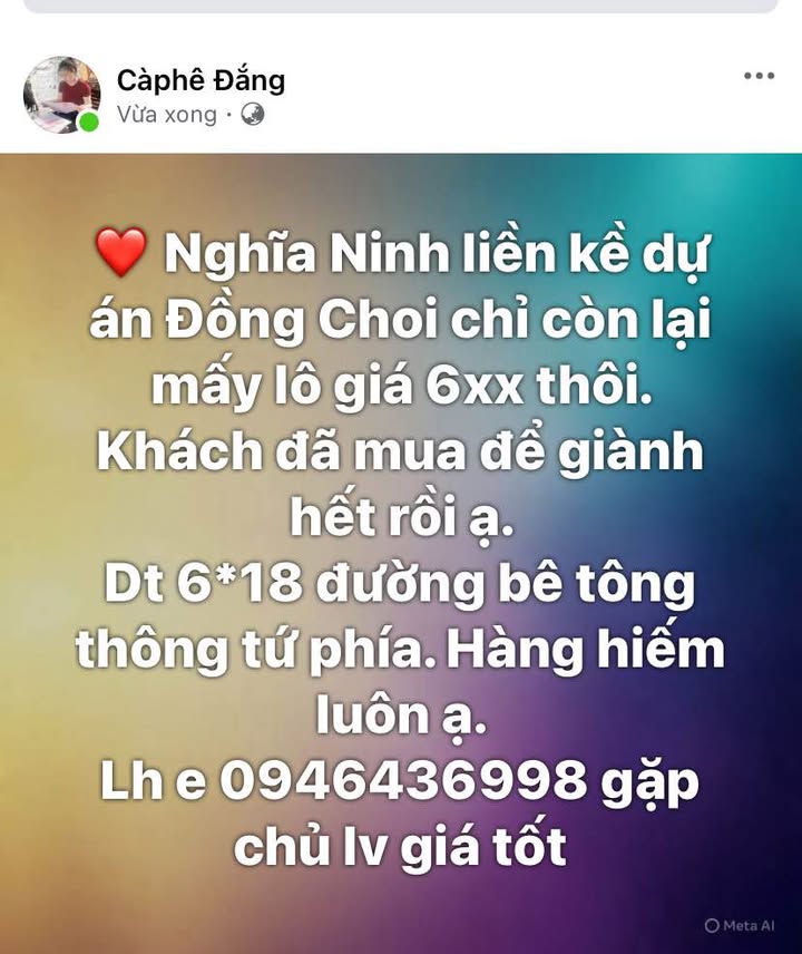 Đất nền dự án Đồng Choi Nghĩa Ninh 108m² chỉ 600 triệu - Hàng hiếm, đầu tư ngay!