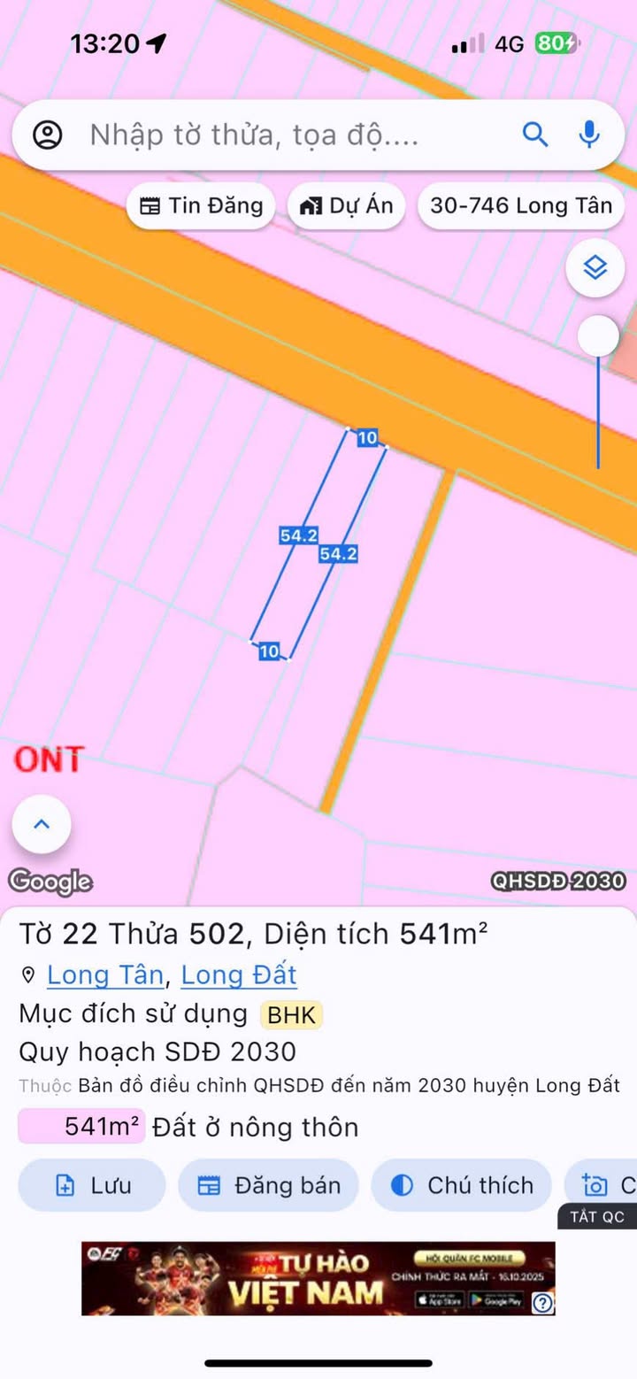 Đất nền đẹp tại Xã Long Tân, Huyện Long Đất, 540m² - Phù hợp xây nhà vườn!