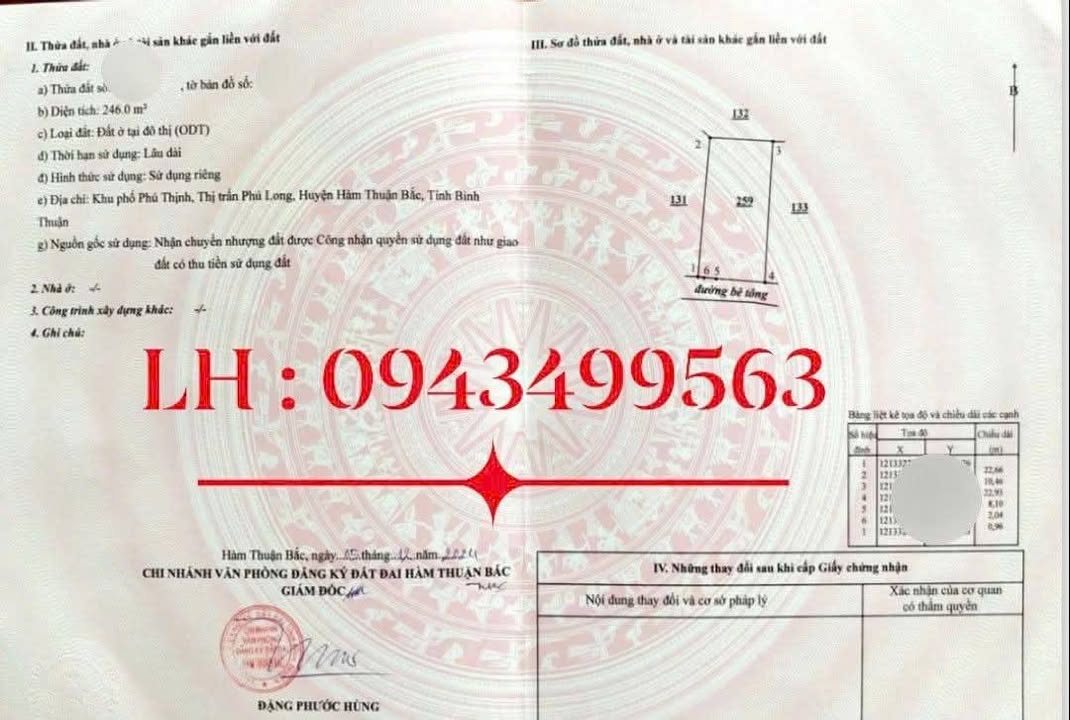 Đất thổ cư trung tâm thị trấn Phú Long 246m² giá 1.6 tỷ - Vị trí đắc địa!