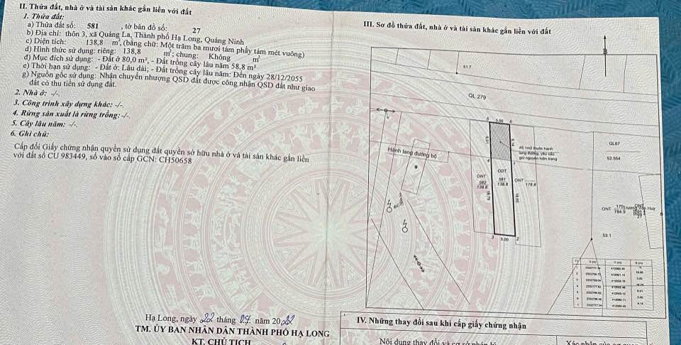 Đất thổ cư Thôn 3, Xã Quảng La, Hạ Long 139m² giá 900 triệu - Mặt đường to 279