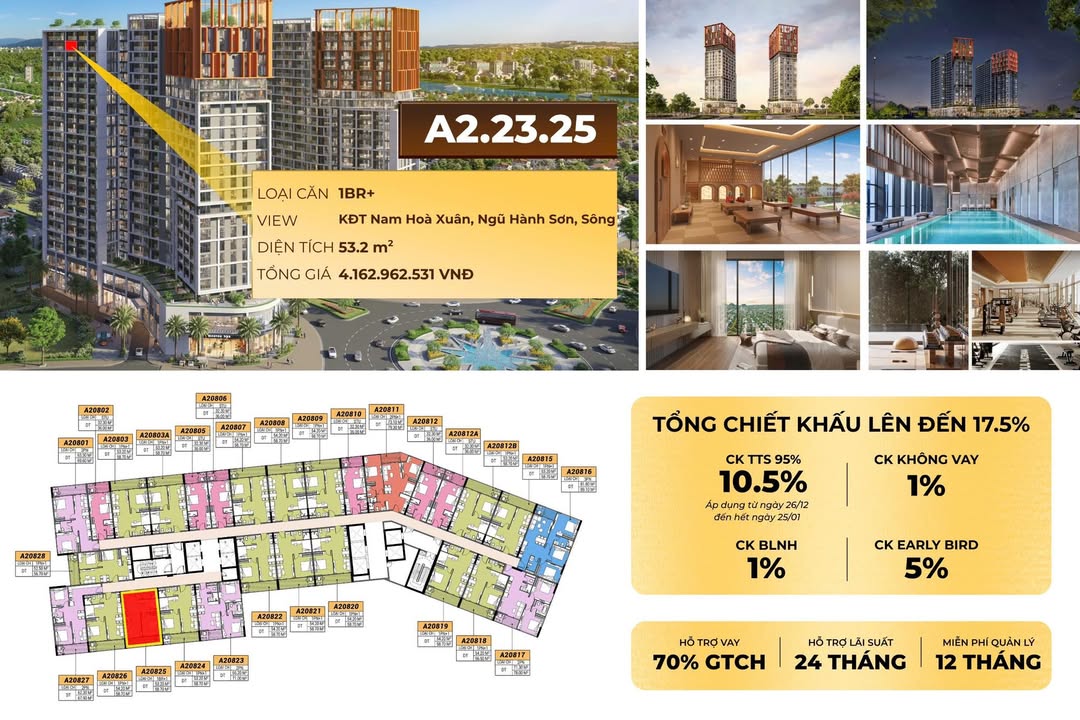 Căn hộ 1PN+1 Cora Tower Đà Nẵng 53.2m² giá 4.162 tỷ - Khu vực phát triển sôi động!