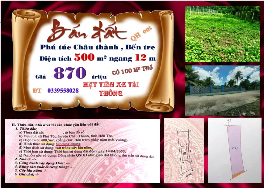 Đất thổ cư tại Phú Túc, Châu Thành, Bến Tre 500m² chỉ 870 triệu - Sổ hồng chính chủ!