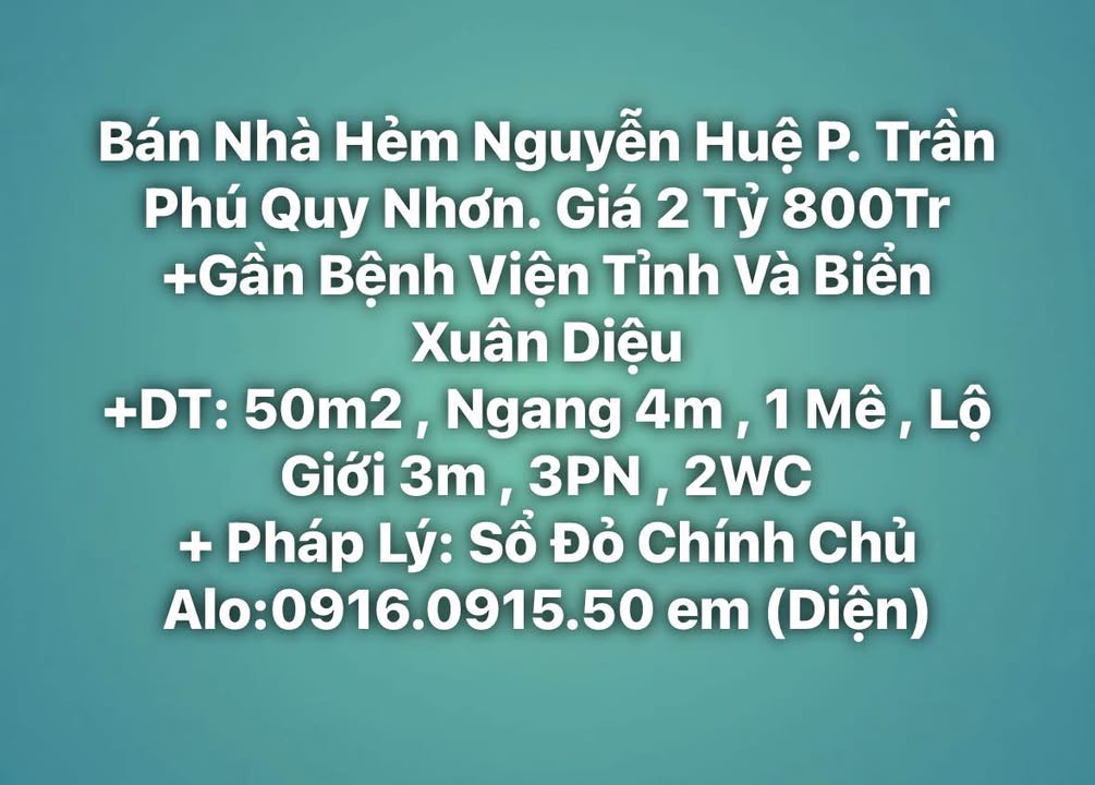 Nhà hẻm Nguyễn Huệ, P. Trần Phú, Quy Nhơn 50m² giá 2.8 tỷ - Gần biển Xuân Diệu!