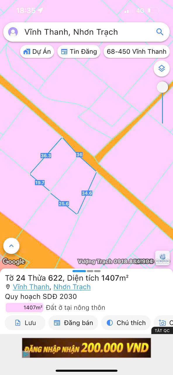 Đất Nông Nghiệp Vĩnh Thanh, Nhơn Trạch 1407m² giá 3.5 tỷ - Sổ hồng riêng, sang tên nhanh chóng!