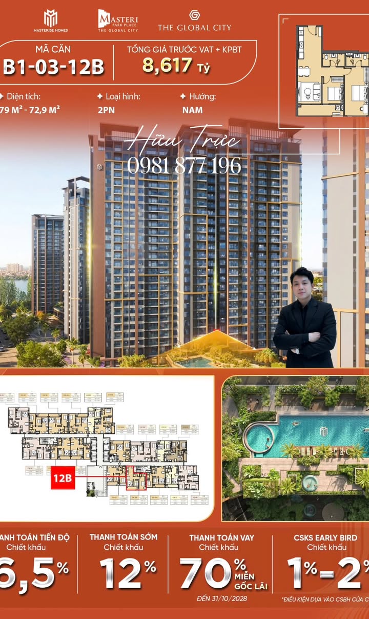 Căn hộ Masteri Quận Bình Thạnh 80m² giá 8.617 tỷ - View hồ bơi tuyệt đẹp!