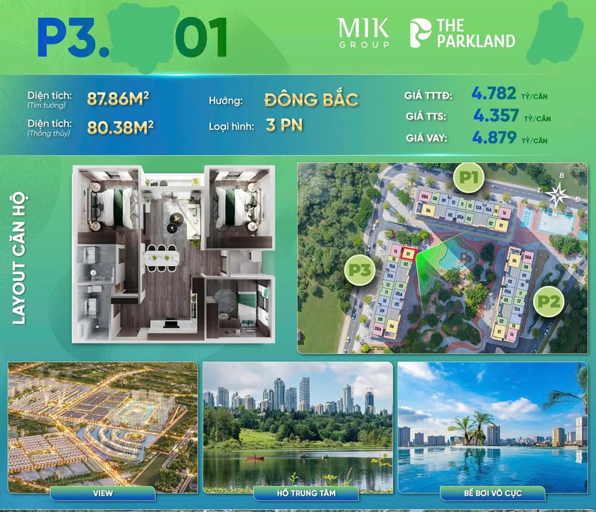 Căn hộ 3 phòng ngủ Vinhomes Ocean Park 80m² giá 4.3 tỷ - View bể bơi hướng Đông Bắc