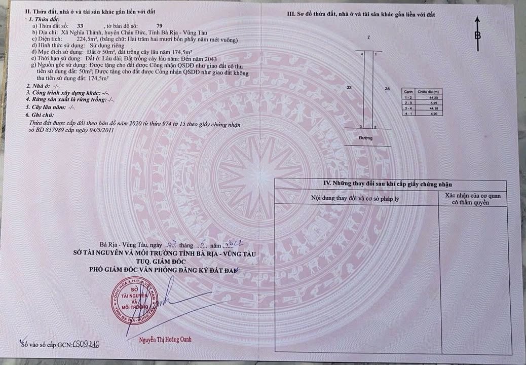 Đất nền 225m² tại Nghĩa Thành, Châu Đức - Giá chỉ 1.25 tỷ - Hướng Nam đẹp!