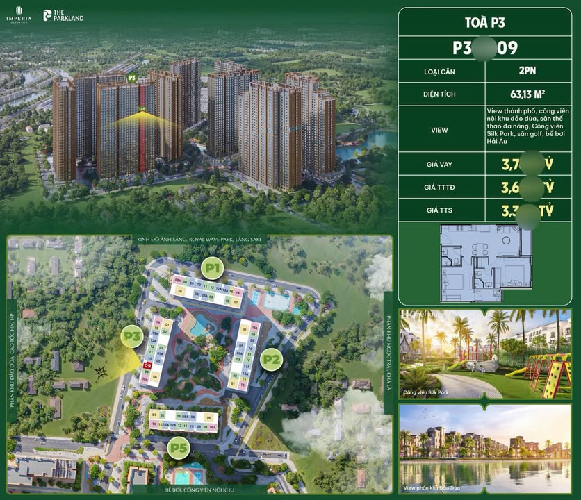 Căn hộ Imperia The Parkland Hưng Yên 63m² giá 3.3 tỷ - View công viên tuyệt đẹp!