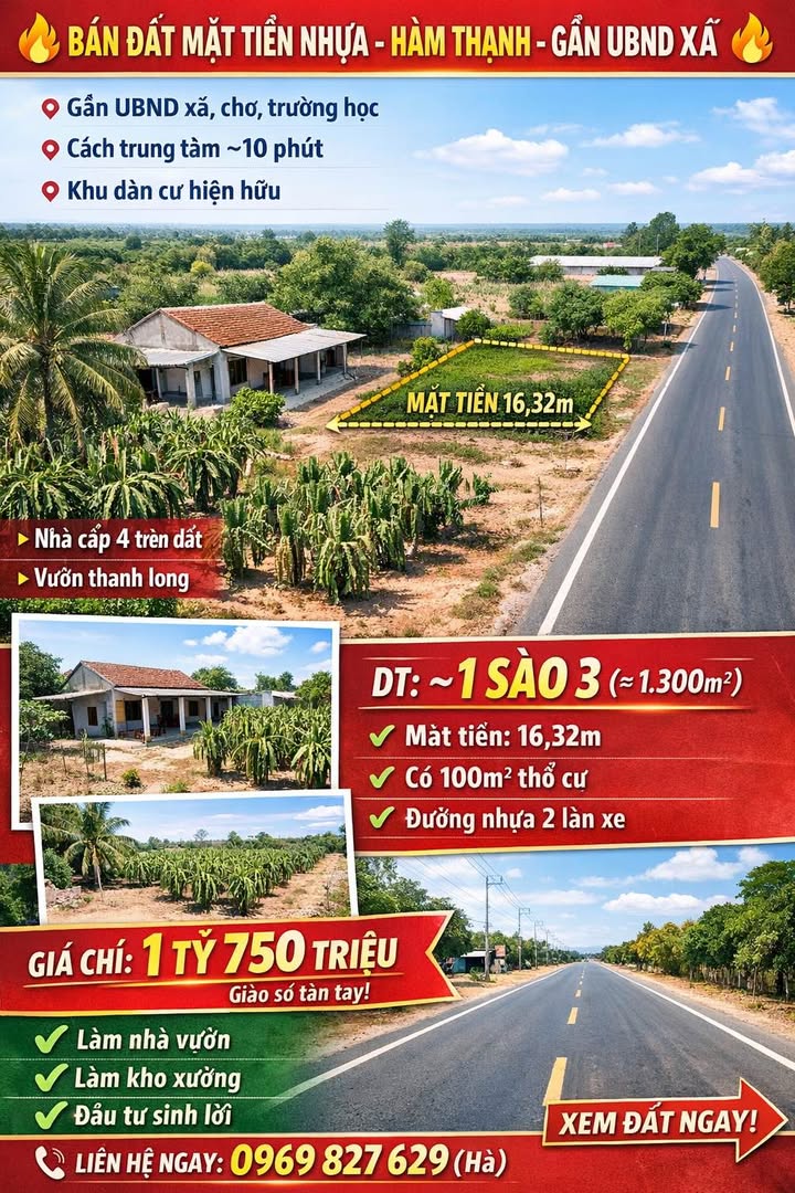 Đất mặt tiền nhựa Hàm Thạnh 1300m² giá 1.75 tỷ - Sổ đỏ chính chủ