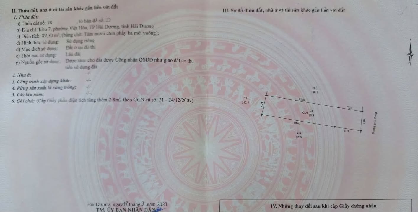 Đất bán tại Khu 7 Việt Hòa, Hải Dương 89.3m² - Sổ hồng chính chủ!