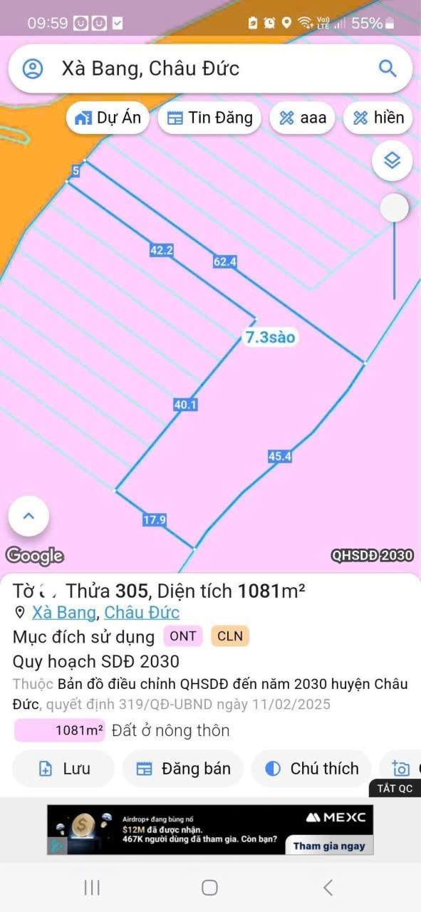 Đất nền Xà Bang Châu Đức 1081m² giá 1.09 tỷ - Đầu tư lý tưởng!