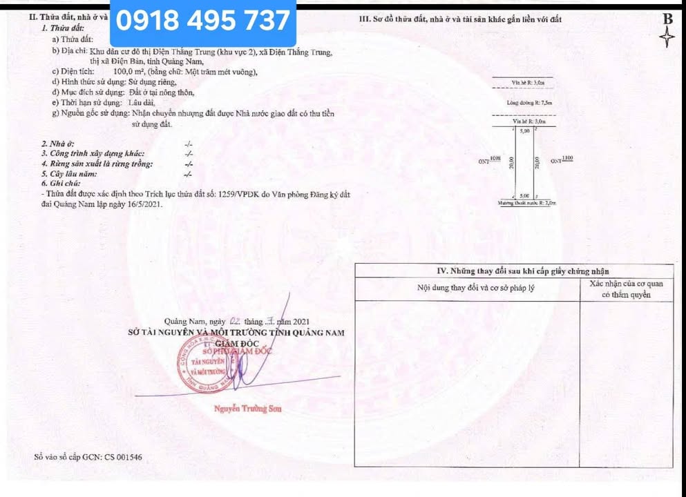 Lô đất chính chủ Điện Thắng Trung 100m² giá 2,5 tỷ - Đường ô tô 7,5m thoải mái