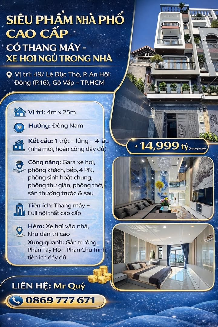 Nhà phố cao cấp Gò Vấp 100m² giá 14.999 tỷ - Thang máy, xe hơi vào nhà!