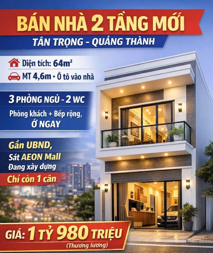 Nhà 2 tầng mới Tân Trọng, Quảng Thành 64m² giá 1.98 tỷ - Thiết kế hiện đại, ô tô vào nhà!