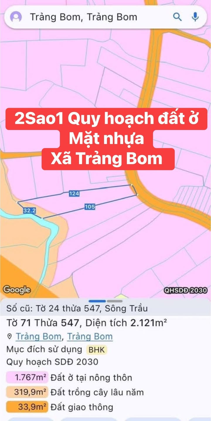 Đất Trảng Bom 2 Sào mặt tiền nhựa 2121m² giá 3.65 tỷ - Cơ hội đầu tư tuyệt vời!
