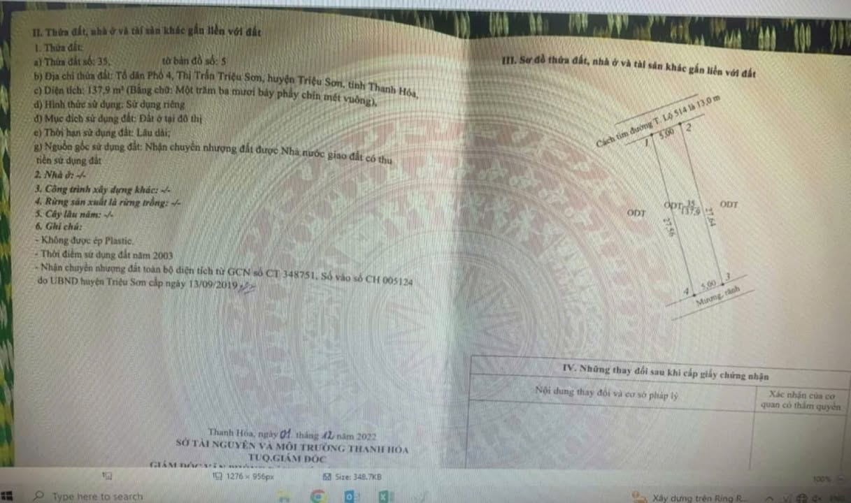 Đất thổ cư Huyện Triệu Sơn 135m² giá thỏa thuận - Mặt tiền đường Tỉnh Lộ 514!