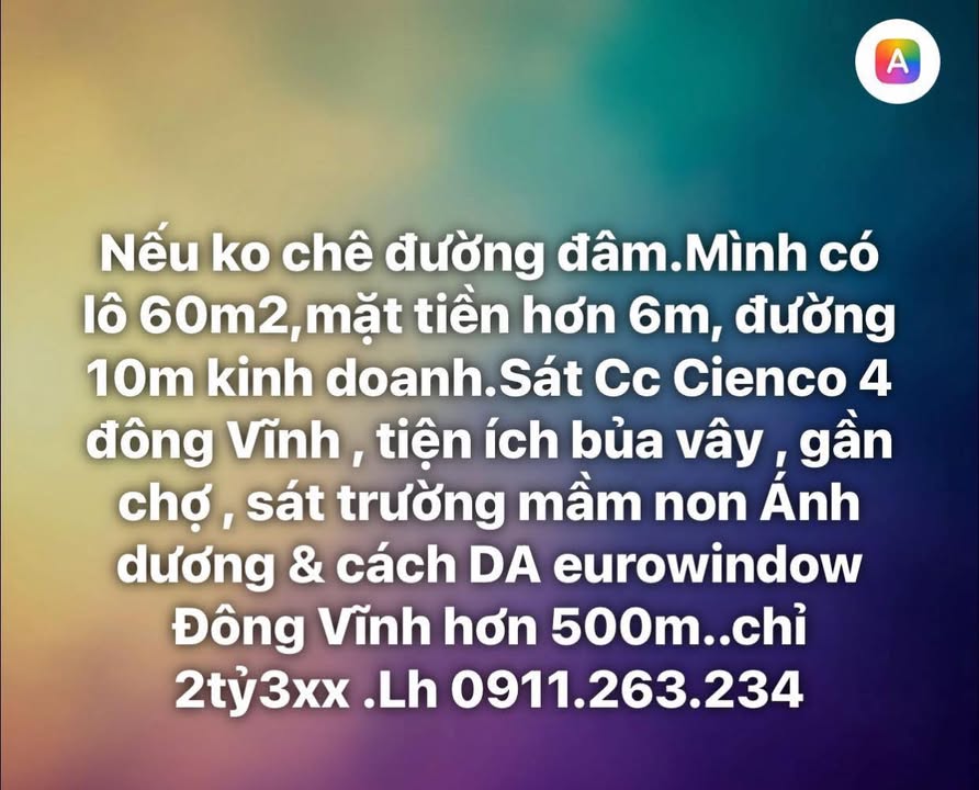 Đất nền 60m² Phường Đông Vĩnh giá 2.3 tỷ - Đường 10m kinh doanh sầm uất!