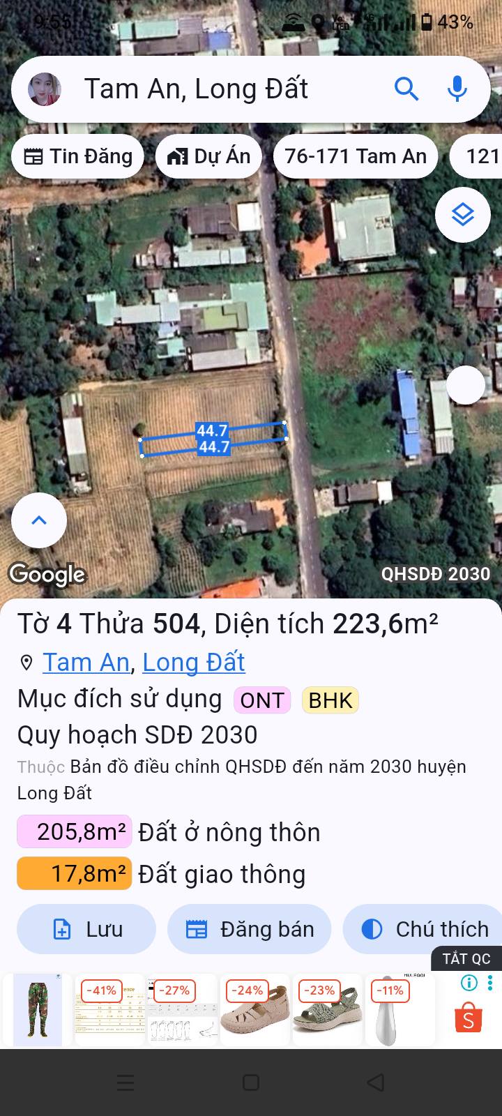 Đất nền mặt tiền đường nhựa Tam An, xã Long Điền, 223.6m² - Đầu tư sinh lời