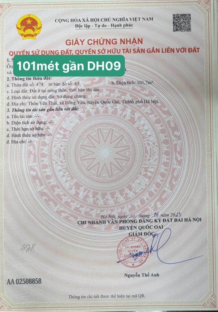 Lô đất thổ cư 101m² mặt tiền 6m tại Yên Thái, Quốc Oai - Giá chỉ 2 tỷ!