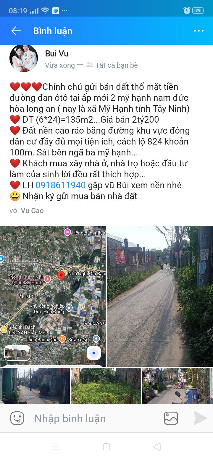 Đất thổ cư mặt tiền đường Đan ô tô tại Xã Mỹ Hạnh, 135m² - Giá chỉ 2.2 tỷ