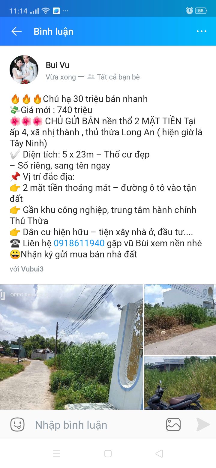 Đất nền thổ cư 115m² Thủ Thừa giá 740 triệu - Sổ riêng sang tên ngay!